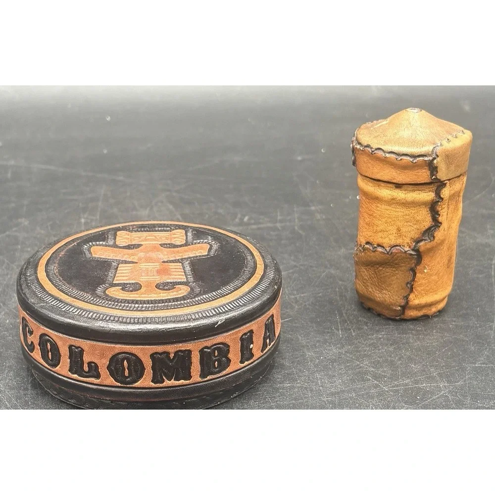 Vtg Hand Tooled Leather Trinket Box & Stitched Toothpick Holder Colombia